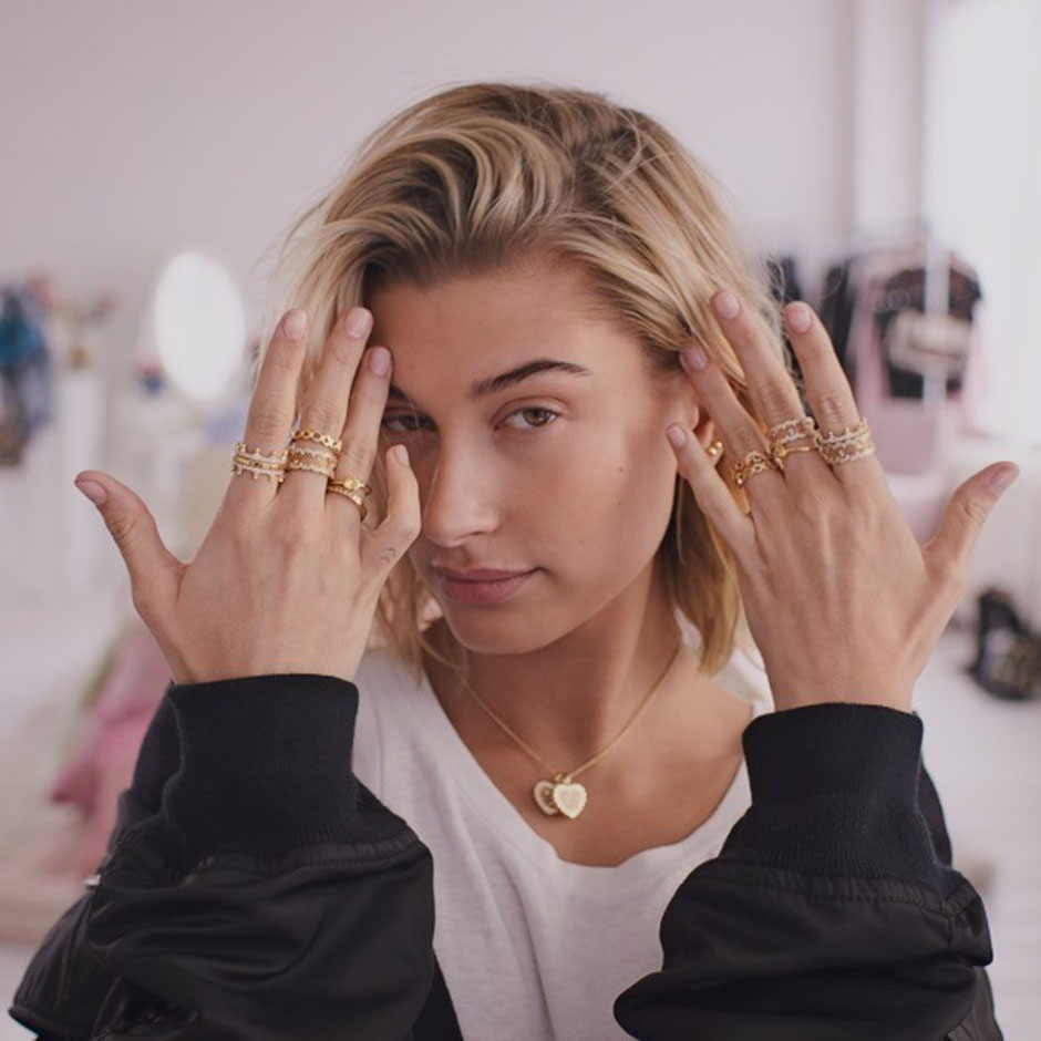 Hailey Bieber in a Vogue x Pandora spot.